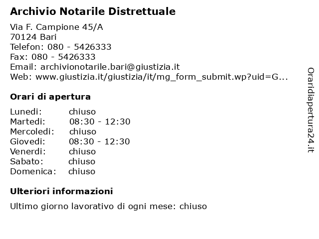 Orari di apertura Archivio Notarile Distrettuale Via F